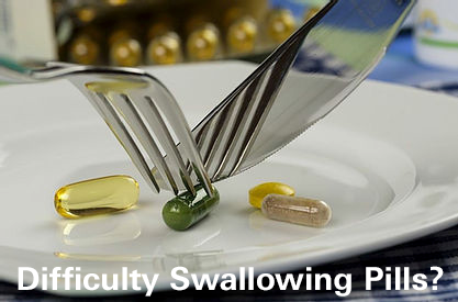 Fork and Knife cutting pills on a plate. Icon - Crushing and mixing pills should be avoided. Phazix® - Pill Swallowing Made Simple with a Pill Swallowing Gel. A NEW innovation to improve resident care at med pass.