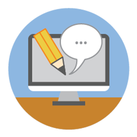 Icon - Blog Posts - Computer Screen with Pencil and Cloud bubble. Phazix® - Pill Swallowing Made Simple. A NEW innovation to improve resident care at med pass.
