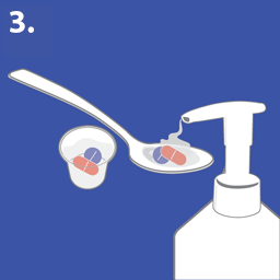 Icon Step 3. Small cup and spoon with pills and placing gel onto pills